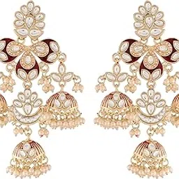 i jewels 18k Gold Plated Kundan Pearl Studded Jhumki Dangle Earrings for Women (E2946)-picture-41