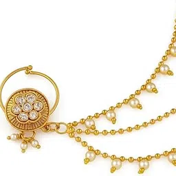 cz stone Classic Gold Finish Nose Pin with Beads Chain Work for Women-picture-13