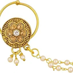 cz stone Handcrafted Gold Plated Nose Pin with Beads Chain and Round Floral Center-picture-13