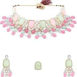 zaveri pearls Pink Green Stones Beads Kundan Choker Necklace Earring & Ring Set For Women-ZPFK16119-picture-45