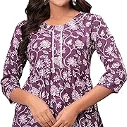 Women Purple Floral Printed Peplum Top | Cotton Blend V-Neck 3/4 Sleeve Casual & Office Wear-picture-29