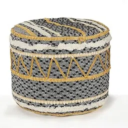 CC Home Furnishings 18" Black and Yellow Geometric Tufted Round Pouf Ottoman-image-66