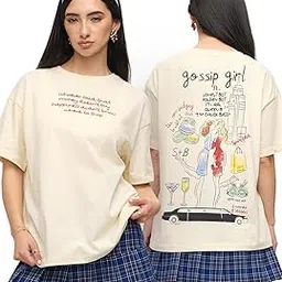 the souled store Gossip Girl: Doodle Women and Girls Short Sleeves Round Neck Off White Graphic Printed Cotton Oversized T-Shirts-picture-52
