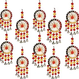 Decorative Wall Hanging Dream Catcher with Brass Bells, Pompom Tassels, Red and Green, Traditional Design (10)-picture-16