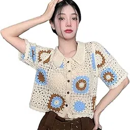 icw Women's Boho Knitted Collar Crochet Hollow Out Short-Sleeve Button Up Crop Top Shirt DN788-picture-19