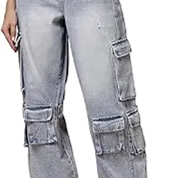 vestido modas Cargo Blue Jeans for Woman | Straight Cargo Pants with Multiple Pockets | High Rise Denim Jeans for Women-picture-18