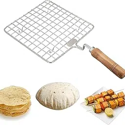 Oblivion Stainless Steel Square Papad Jali Roast | Roti Jali | Barbecue Grill | Round Shape Wooden Handle for Perfect Grilling and Roasting | Square Roasting Net (Pack of 1)-picture-12