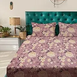 ROSARAHOME 180 TC Microfiber Flat Queen Size Double Bed Bedsheet with 2 Pillow Cover| Bedsheet:240cmx225cm Pillow Covers:45cmx70cm,Floral Peach image 1