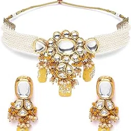 karatcart Yellow Tumble and Pearl Studded Polki Kundan Choker Necklace Set for Women-picture-43