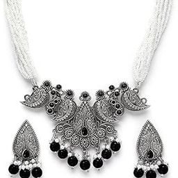 karatcart Black Beads Oxidised Silver Jaipuri Choker Necklace Set for Women-picture-23