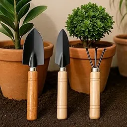 ecofynd 3 Pcs Gardening Hand Tools Set (Cultivator, Big & Small Trowel with Wooden Handle), Home Garden Durable Plant Tool, Planting, Weeding, Pruning, Soil Maintenance, Farming Essential Kit-image-89