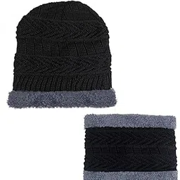 Winter Knit Woolen Beanie Cap Hat for Men & Women Black Colour Winter Cap with Neck Scarf/Neck Muffler-image-20