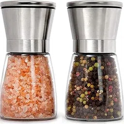 BuntyChiku Stainless Steel & Glass Salt and Pepper Grinders refillable Set of 2,Adjustable Coarseness for sea Salt, Black Peppercorn,Suitable for Kitchen, Barbecue, Restaurant Accessories/Spices.-image-2