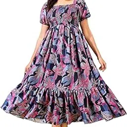kuduzo Floral Print Smocked Midi Dress, Puff Sleeves, Navy Blue and Pink, Plus Size-picture-54