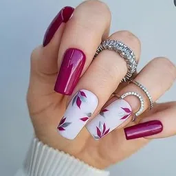 FWS Artificial fake Press On Nails Art Set (Set Of 20) Reusable Nails Extension,BridalNails,Stick-On Nails,Manicure Art Set, AcrylicNails,False Nails,DesignerNails | Nail Glue, Nail file, cuticle pusher, cleaning wipe | Glossy Dark Pink Leaves Shape Long Square-picture-30