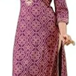 Women's Printed Cotton Kurti, Purple and Gold Pattern, 3/4 Sleeves, Knee Length-picture-32