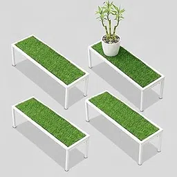Indian Home Crafts Apollo Metal Plant Stand with Green Grass | Decorative Pot Holder for Balcony, Garden & Home | Artificial Grass Mat Included (White – Set of 4)-picture-32