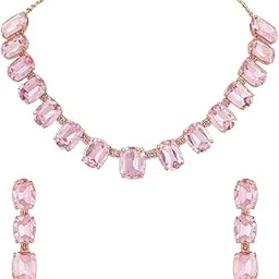 Oval Square Stone Jewellery Set for Women | Pink Necklace with Earrings | Wedding Engagement Party Festival Jewellery Set-image-70