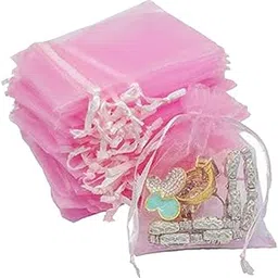 DMS RETAIL Transparent Plain Organza Return Favour Potli Bags Shagun Pouches For Wedding Jewellery Pouch Sheer Candy Pouches Net Tissue Pink Drawstring Potli Bag 7X9 CMS (Pack Of 30) image 1
