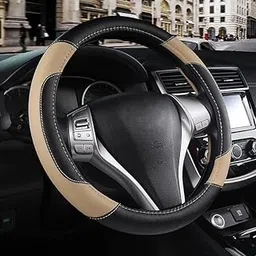 Leather Universal Steering Wheel Cover for Car, Medium (14.5" - 15.5"), Leather, Anti Slip Steering Cover - (Model -Dcut Black & Beige) Color Black Beige for Maru ti Suzki WagonR-picture-33