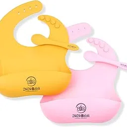 ZoZoBaa Silicone Baby Bib with Easy Grip Spoon For Feeding Toddlers|Waterproof & Reusable Bib with button for Infants |Soft, Light Weight, BPA Free, Pack of 4, Mango Yellow & Pink-picture-20