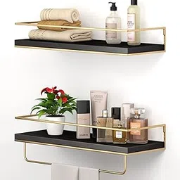 Shario - Set of 2 Floating Shelves with Gold Towel Rack Wall Hanging Decorative Storage Shelves for Bathroom, Kitchen, Living Room and Bedroom (Black)-picture-30