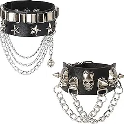 fianoeir 2pcs Gothic Jewellery PU Leather Bracelet Punk Bracelet Adjustable Goth Cuff Bracelet Gothic Rivet Buckle Wristband for Men Women-skull chain-picture-26