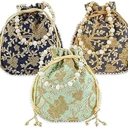 Heart Home Ethnic Clutch Silk 3 Pieces Potli Batwa Pouch Bag with Beadwork Gift for Women (Green, Grey & Purple) - CTHH13617-picture-29