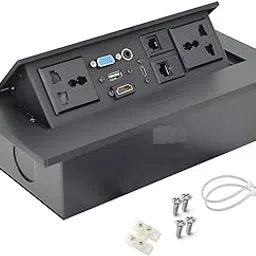 Protokart Hydraulic Pop Up Conference Table Box, Multi-Port Connectivity Hub with HDMI, VGA, USB-C, LAN, Power Outlets, Black (Black)-image-6