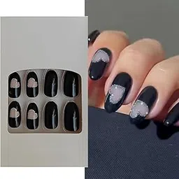 S.A.V.I 24 Pcs Black Medium-Length Fake Nails - Hollow Heart Glitter Design, Round Shape, Easy Stick-On Nails for Women, Natural Look, Comfortable Fit - Perfect for Parties-picture-38