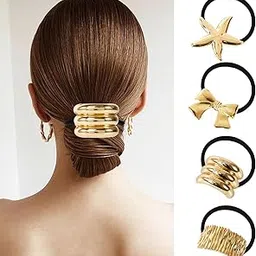 diversa Elastic Metal Hair Tie for Girls & Women, Metal Ponytail Holders, Geometric Design, Hair Accessories Modern Fashion Rubber Bands, Hair Scrunchie, Gold, Pack of 3-picture-14