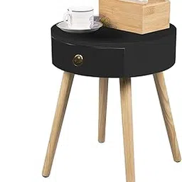 Brown Art SHOPPEE Wooden Round Side Table With Drawer, Retro Bedside Chest, Coffee Table (Black)-picture-21