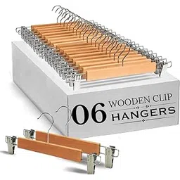 SHOPIVAAN Wooden Hangers for Clothes Hanging | 360° Swivel Hook with 2-Adjustable Clip Hangers for Pants, Skirts, Sarees | Wooden Trousers Bottom Hangers for Wardrobe (6, Beige)-image-51