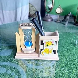 MAW Wooden Pen Holder with Hourglass, Cat Design Desktop Organizer, Blue Sand Timer, Office Desk Accessory-picture-30