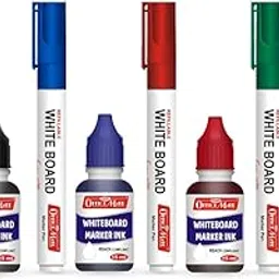 Soni Officemate Whiteboard Marker Combo | 4 Markers + 4 Inks | Refillable, Low Odor | Smooth Writing | Black, Blue, Red, Green | 4.43 mm Tip | Set of 1 (Multicolour) image 1