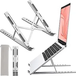 CLAPONE Premium Metal Laptop Stand Foldable, Aluminum Note Book Stand Portable Any Laptop Stand Adjustable Height/OverHeating Protection Laptops/MacBooks/Table and Many More (Metallic Silver, MLS001) image 1