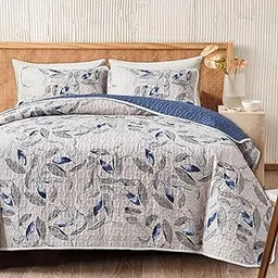 Joyreap 3 Pieces Microfiber Quilt Set, Botanical Blue Leaves on Light Gray Reversible Design, Bedspread Bed Cover for All Season, 1 Quilt and 2 Pillow Shams (Full/Queen, 90x90 inches)-image-51