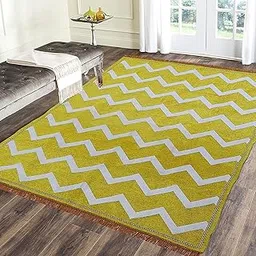 Designer Superfine Exclusive Velvet Chenille Carpet/Area Rug/Bedside Runner, Chenille Living Room Carpet, Durries in Zig Zag Style (Yellow, 5x7 Feet)-picture-22