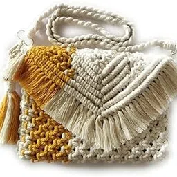 asif hand embroidery AHE Handmade Macrame Sling Bag – Mustard & Off-White Boho Chic Bag, 10x8 Inches, Fringe Shoulder Bag with Detachable Strap and Zipper Closure -1 pcs image 1