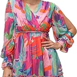 globus Women Multi Tropical Print Fit & Flare Mini Dress with Slit Sleeves-picture-15