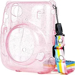 ZENKO Protective Transparent Case for Fujifilm Instax Mini 11 Crystal Hard Shell Cover with Removable Shoulder Strap-Glitter Pink-picture-21