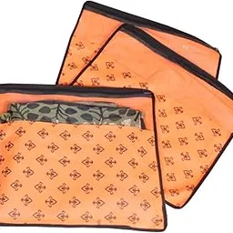 PrettyKrafts Non Woven Saree Covers with ZIP - Pack of 3, Size(16 × 14 Inches) Single Sari Storage Bags/Cover/Pouches for Packing New Sadi - Wardrobe Organizer for Sarees/Cloths With Window, Orange image 1