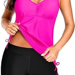 tempt me Two Piece Tankini Swimsuits for Women Tummy Control Bathing Suit with Shorts Athletic Swimwear, Hot Pink, Medium-picture-40