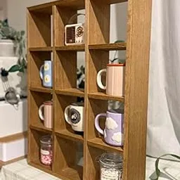 Wooden Display Shelf, 12-Cube Storage Organizer, Oak Finish, Wall Mounted Decorative Grid for Mugs, Collectibles, Home Kitchen Organization-image-62
