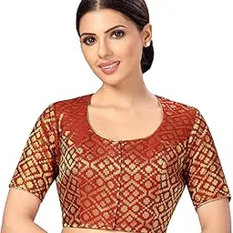 studio shringaar Women's Readymade Polyester Banaras Brocade Saree Blouse with Short Sleeves-picture-32