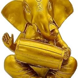 BLUZMART Polyresin Ganesha Decorative Figurine with Mridangam, Gold Finish, 14 x 11.4 cm, Handcrafted Hindu Idol for Spiritual Home and Office Decor-image-5