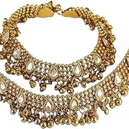 Golden Kundan Fusion Ghunghroo Anklets for Women | Heavy Traditional Indian Payal Jewelry | Ethnic Wedding & Festive Anklets | Handmade Designer Payal Set-image-2