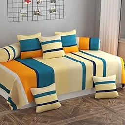 Pure Soft Glace Cotton Geometric Printed Diwan Set Covers 8 Pieces - 1 Single Bed Sheet (60 X 90) with 5 Cushion (16 X 16), 2 Bolster Covers (16 X 32) - Beige Stripe image 1
