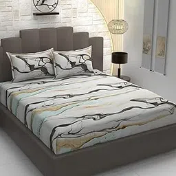 TIB Glace Cotton Elastic Fitted Bedsheets Double Bed 72x78x8 Inches with 2 Pillow Covers, 210TC (Gray & Black, Double)-picture-16