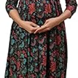 Pre & Post Maternity/Nursing Wear Hand Printed Kurta/Kurti Cum Midi Dress/Nighty with Both Sides Zipper for Easy Feeding for to Be Moms & Nursing Mothers Cotton Black Blue Red-image-82